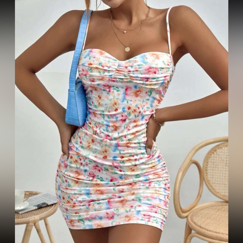 SHEIN WYWH floral print ruched cami satin bodycon dress size L